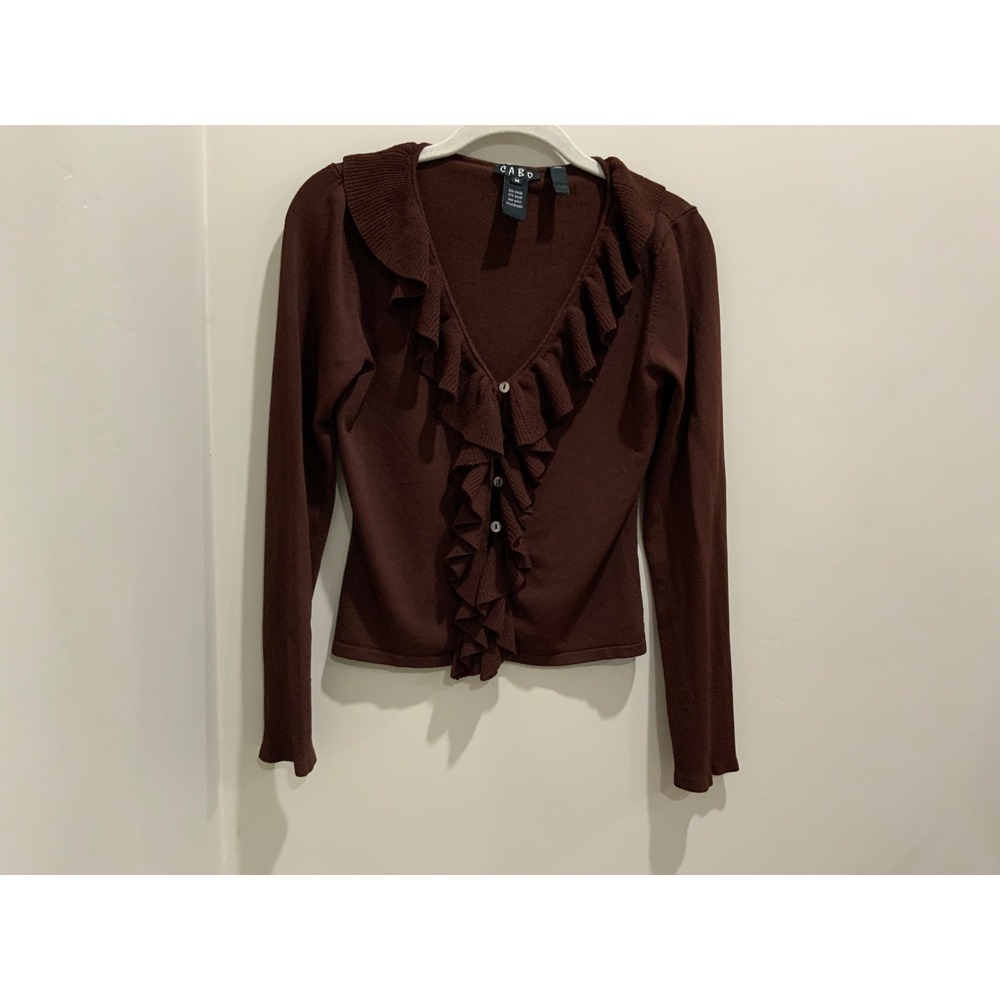 Cabo Brown chocolate Ruffle Cardigan Button‎ Front Long Sleeve Women's M